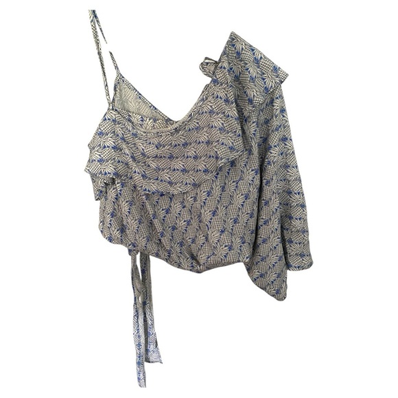 Maeve Anthropology Blue Pineapple Ruffled Flutter Sleeve Blouse - Picture 3 of 8